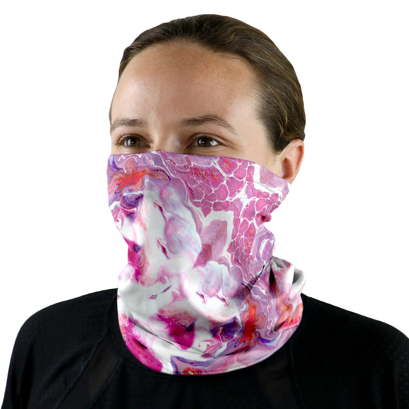 Bubblegum Clouds Neck Gaiter - Female Face - Knotty Tie Co.