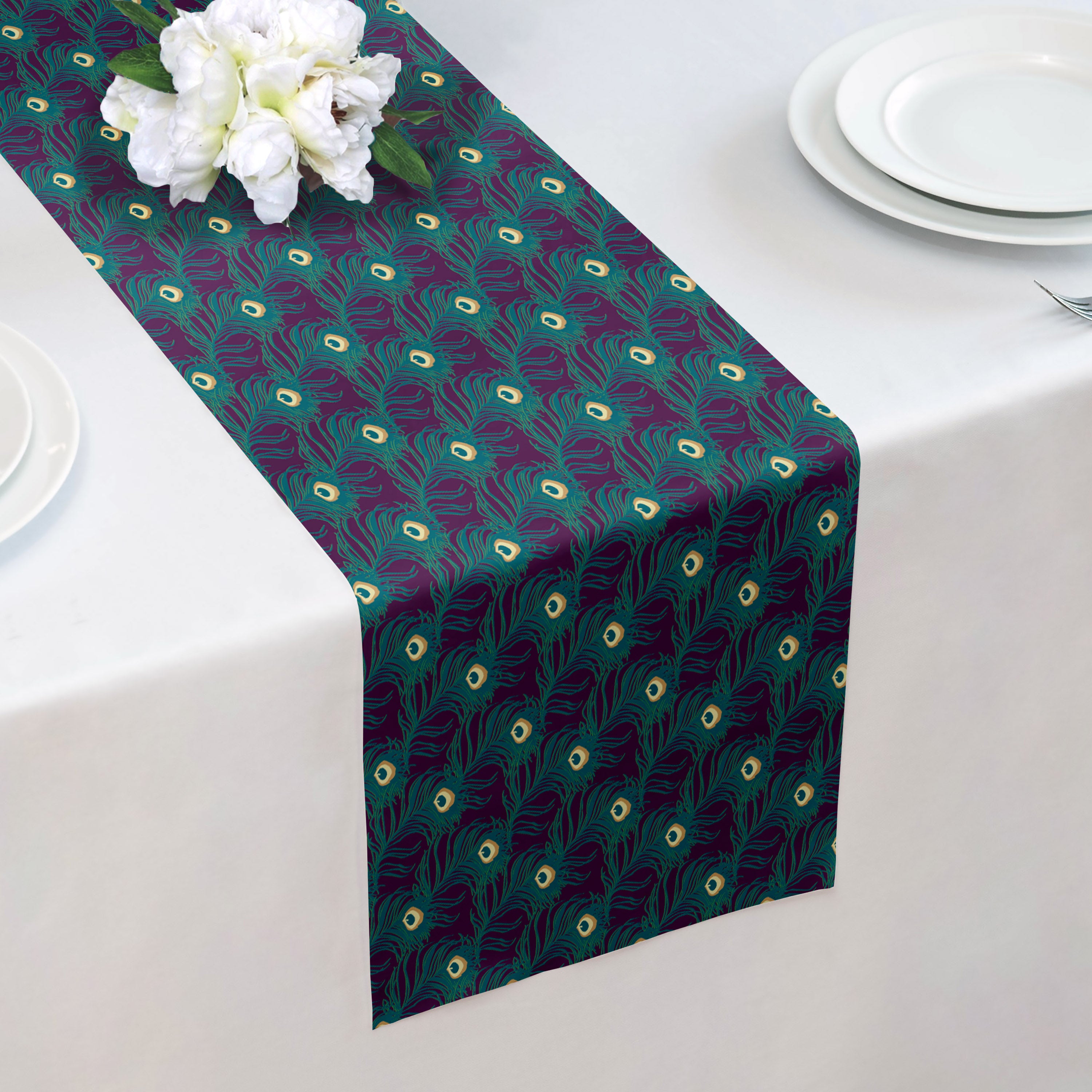 Peacock Feathers Table Runner - Over Table Edge - Knotty Tie Co.