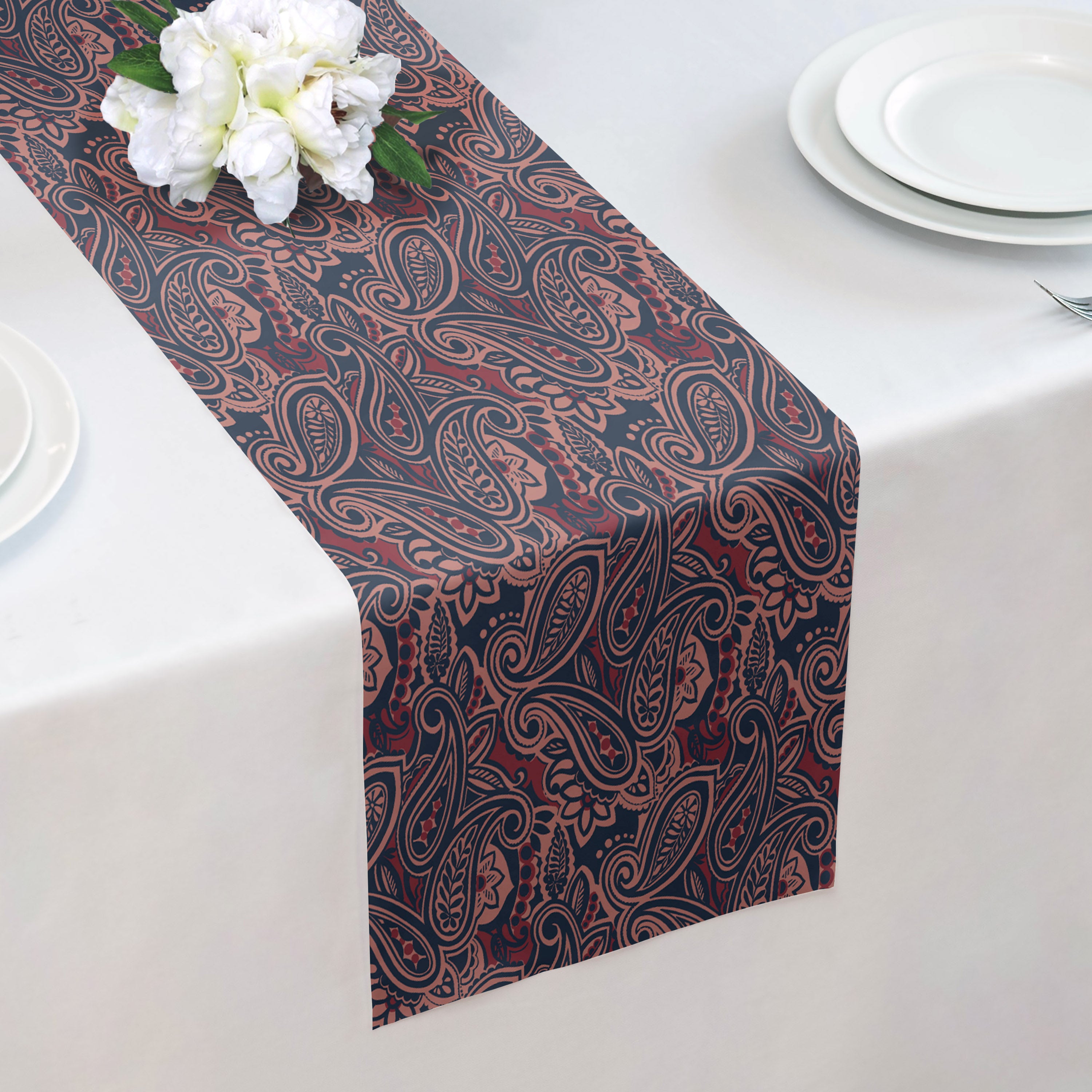 Rustica Paisley Table Runner - Over Table Edge - Knotty Tie Co.