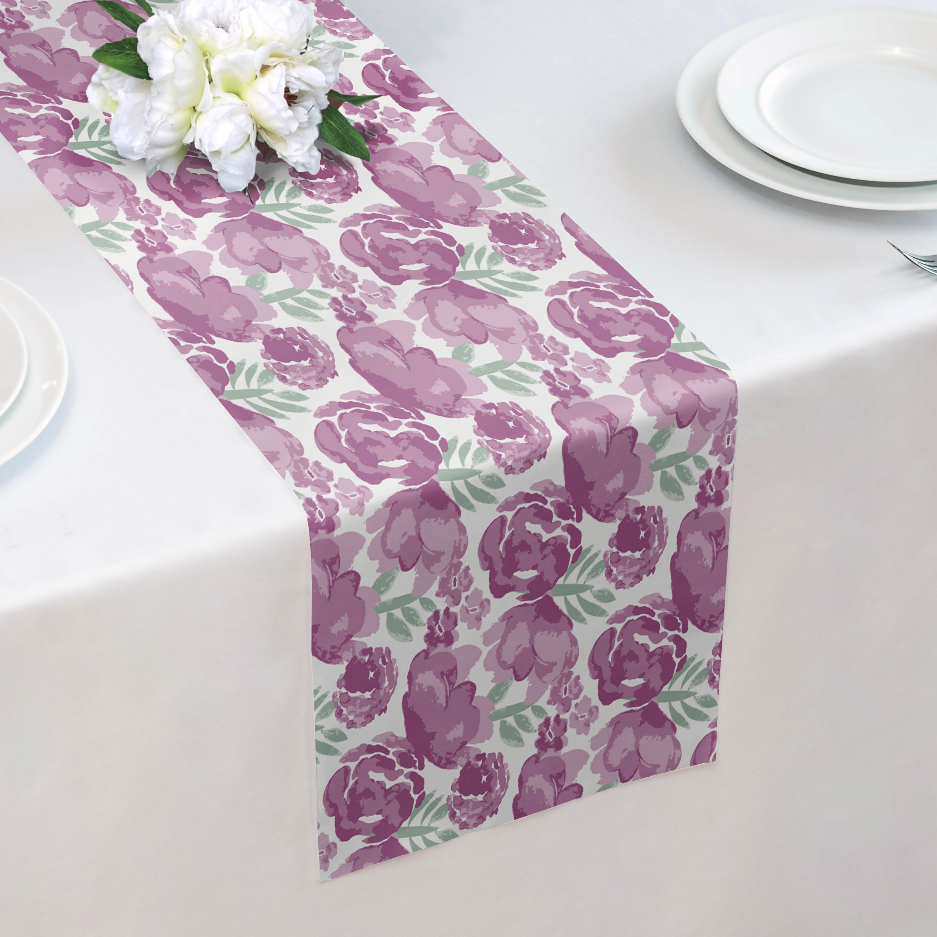 Watercolor Floral Table Runner - Over Table Edge - Knotty Tie Co.